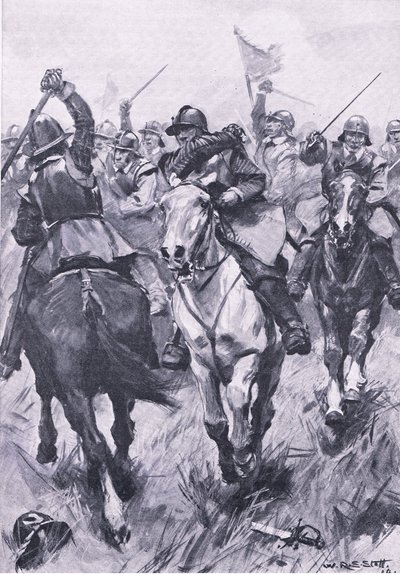 Jezdecký konflikt u Dunbaru 3. září 1650, ilustrace z knihy Britské bitvy na souši a na moři , 1915. od William Edward Stott