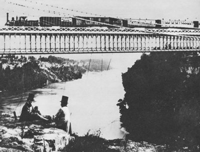 První železniční most přes Niagaru (černobílá fotografie) od William England