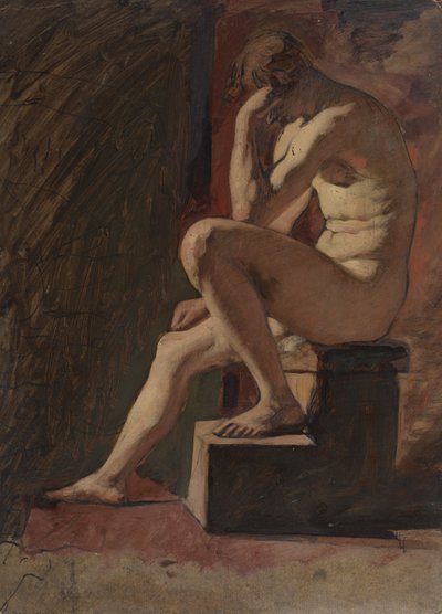 Sedící mužský akt, hlava opřená o ruku, levá noha opřená o blok od William Etty