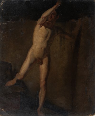 Stojící mužský akt, zvednutá pravá paže, pravá noha spočívající na blocích od William Etty