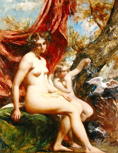 Venuše a Amor s holubicí (olej na panelu) od William Etty