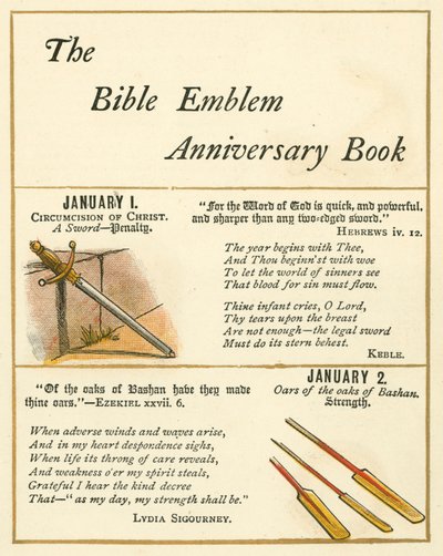 Stránka z knihy The Bible Emblem Anniversary Book (barevná litografie) od William Foster