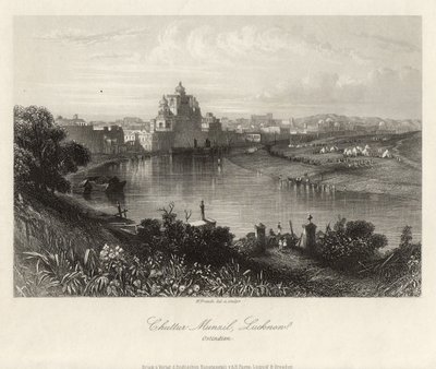 Celkový pohled přes řeku Gomati, Chuttur Munzil, Lucknow. od William French