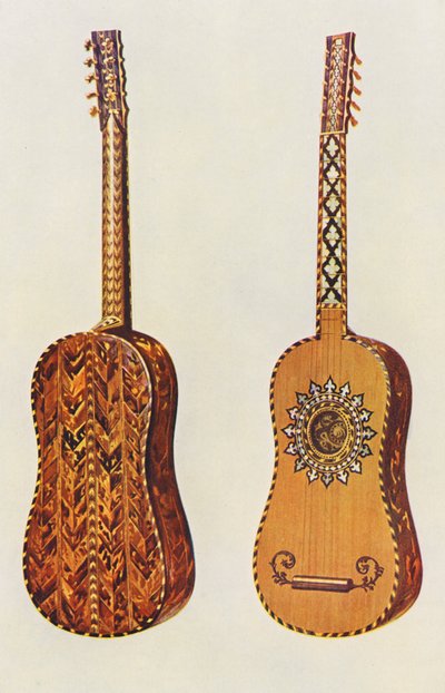 Hudební nástroje: Kytara Rizzio (barevná litografie) od William Gibb