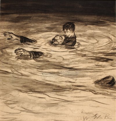 Posadí se Gothecorovi na záda a pak mu pravou rukou objímá krk - pravidelné objetí garotte. od William Glackens