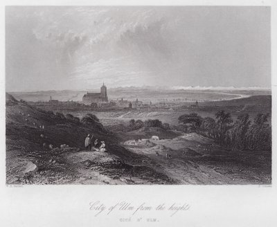 Město Ulm z výšin (rytina) od William H. Bartlett