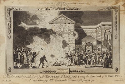 Devastace způsobené londýnskými výtržníky, kteří vystřelili novou branku Newgate od William Hamilton