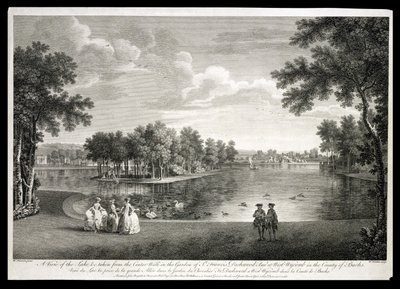Pohled na jezero z Center Walk v zahradě ve West Wycombe, Buckinghamshire, vyryl William Woollett (1735-85) od William Hannan