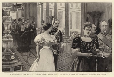 Přijetí sultánem v Yildiz Kiosk, Munir Paša, velký ceremoniář, přijímá hosty. od William Hatherell