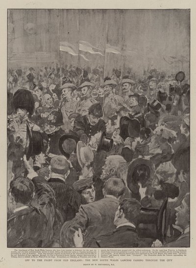 Na frontu ze staré Anglie, New South Wales Lancers projíždí městem od William Hatherell
