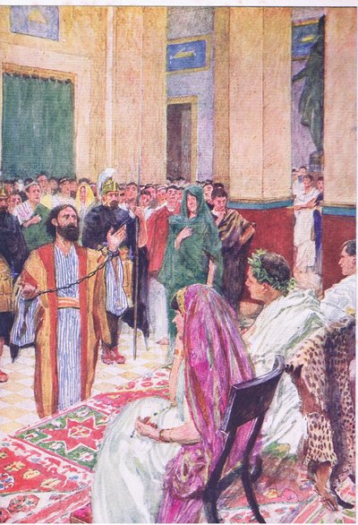 Paul před Agrippou, z The Bible Story vydané nakladatelstvím Hodder & Stoughton, kolem roku 1930 (barevné lito) od William Hatherell