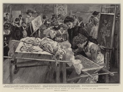 Příprava na korunovaci, výroba královských rób na Royal School of Art Needlework od William Hatherell