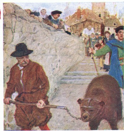 Shakespeare sleduje medvěda na cestě do Bear garden at Bankside, z My Magazine, pub.1922 od William Hatherell