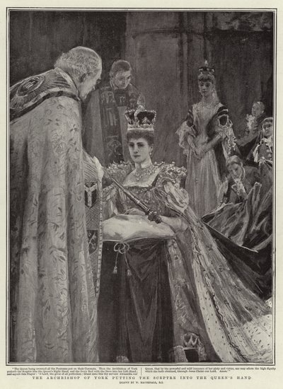 Arcibiskup z Yorku předává žezlo do rukou královny od William Hatherell