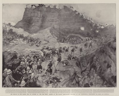 Útok na vrch Dargai dne 20. října, průsmyk spěchali Gordon Highlanders, následovaný Dorsetshires, Derbyshires, 3. Sikhy a Gurkhy od William Hatherell