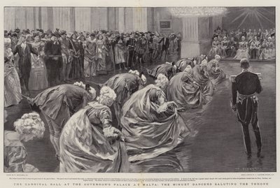 Karnevalový ples v guvernérském paláci na Maltě, tanečnice menuetu zdravící trůn od William Hatherell