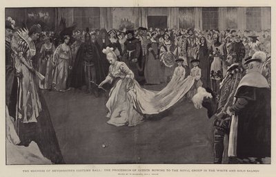Kostýmní ples vévodkyně z Devonshire, průvod hostů klanějících se královské skupině v Bílém a zlatém salonu, 1897 od William Hatherell
