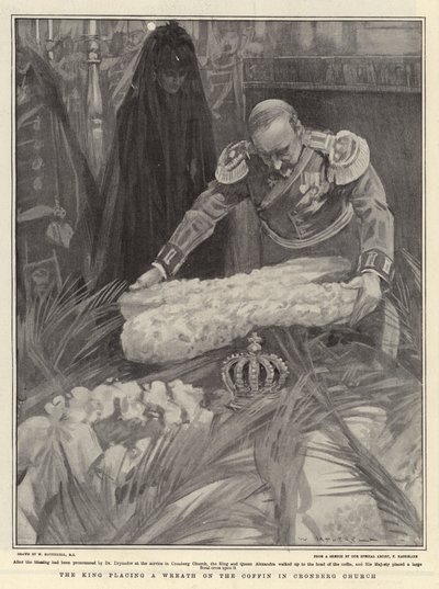 Král klade věnec na rakev v kostele Cronberg od William Hatherell