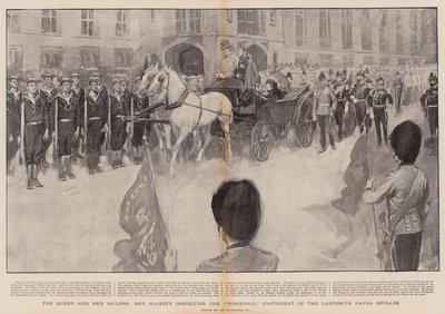 Královna a její námořníci, Její Veličenstvo při inspekci silného kontingentu námořní brigády Ladysmith od William Hatherell