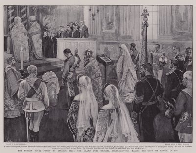Ruská královská rodina v Zarskoe Selo, velkovévoda Michael Alexandrovič složil přísahu o dosažení zletilosti od William Hatherell