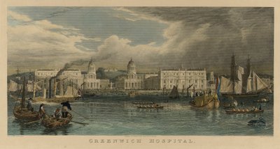 Královská návštěva nemocnice v Greenwichi (Anglie), plachetnice, parník, osobní bárky, veslice na Temži od William Havell