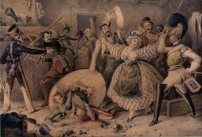 A Brawl in an Inn, c.1830 (akvarel přes tužku zvýrazněný kvašem na papíře) od William Heath