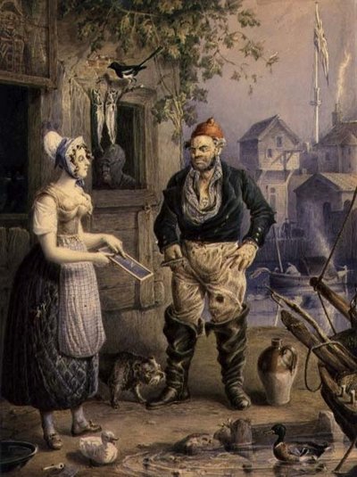 Rybář a služebná, kolem roku 1830 (akvarel přes tužku zvýrazněný kvašem na papíře) od William Heath