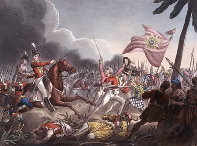 Bitva u Assaye, 23. září 1803, vyryto J.C. Stadlerem, vydal Thomas Tegg, 1. dubna 1818 (barevná akvatinta) od William Heath