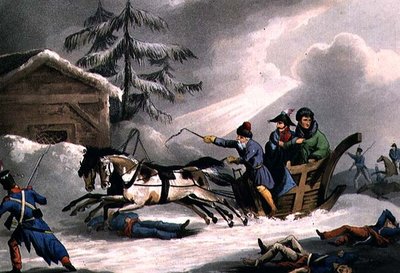 Bonapartův let v přestrojení za hraběte Vicenzu z Ruska, publikoval 1. března 1814 William Heath (akvatinta) od William Heath
