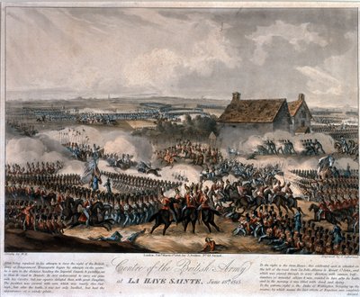 Střed britské armády u La Haye Sainte během bitvy u Waterloo, lept Thomas Sutherland, 1816 (kolorovaná akvatinta) od William Heath