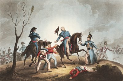 Smrt sira Johna Moora (1761-1809) 17. ledna 1809, z knihy "The Martial Achievements of Great Britain and her Allies from 1799-1815", autor James Jenkins, rytina Thomas Sutherland (nar. 1785), vydáno od William Heath