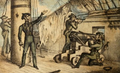 Námořní puškaři v akci na palubě neidentifikované válečné lodi, kolem roku 1835 (ručně kolorovaný lept) od William Heath