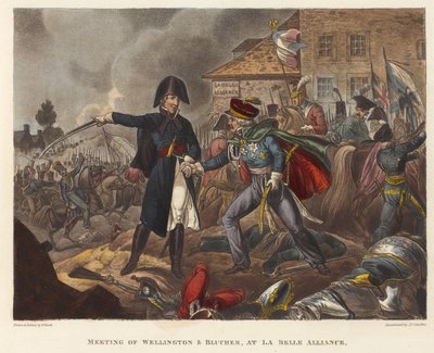 Setkání Wellingtona a Blüchera v La Belle Alliance, akvatinta od Josepha Constantina Stadlera (fl. 1780-1812), 1818 (barevná akvatinta) od William Heath