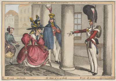 "Moderní vojenská galantnost - náčrtek u Nové palácové pevnosti venku - Ach bože, je tak špinavá", asi 1829 (kolorovaný lept) od William Heath