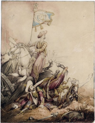 ""Mamlucký vlajkonoš v boji"" (Mamluk vlajkonoš v boji) Akvarel od Williama Heatha (1795-1840) - 1818 Rozměr 33,5 x 25,9 cm Soukromá sbírka od William Heath