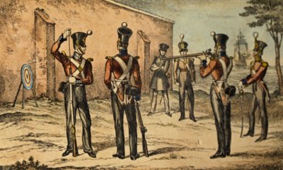 Současný kostým námořní pěchoty při tréninku na kruhový terč, kolem roku 1835 (ručně kolorovaný lept) od William Heath