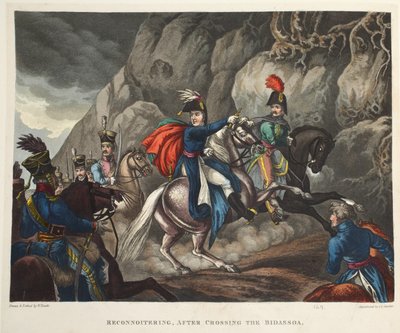 Průzkum, po překročení Bidassoa, akvatinta od J.C. Stadlera, hospoda. od Tegga, duben 1818 (akvatinta) od William Heath