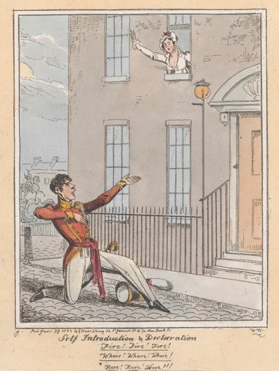 Vlastní představení a prohlášení, 1823 (ručně kolorovaný lept) od William Heath