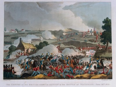 Centrum britské armády v akci v bitvě u Waterloo, 1815 (akvatinta) od William Heath