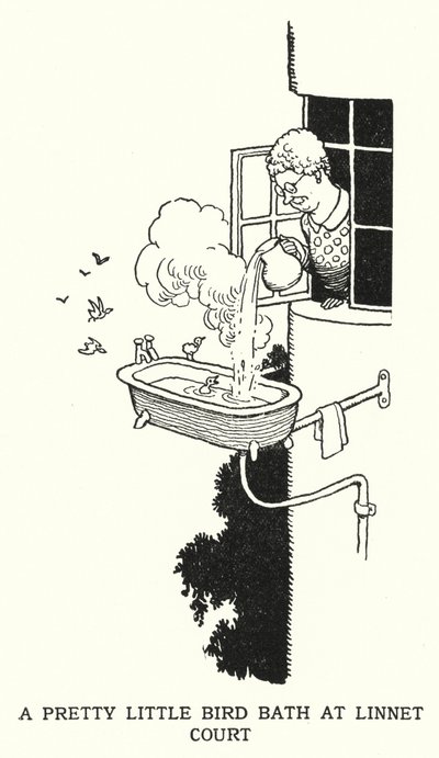 A Pretty Little Bird Bath v Linnet Court (litho) od William Heath Robinson
