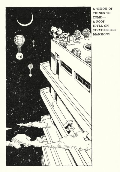 Vize věcí budoucích, střešní idyla na stratosférických sídlech (litho) od William Heath Robinson