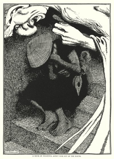 Džin děsivého vzhledu povstal ze země (rytina) od William Heath Robinson