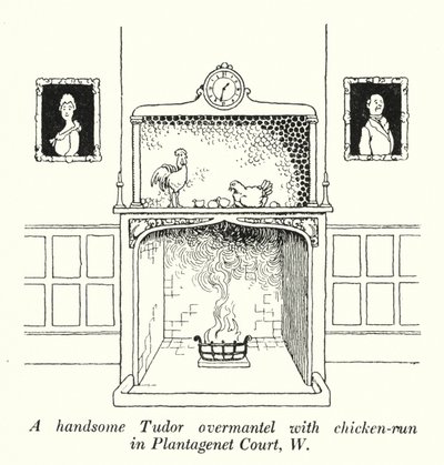 Pohledný tudorovský plášť s kuřecím masem v Plantagenet Court, W (litho) od William Heath Robinson