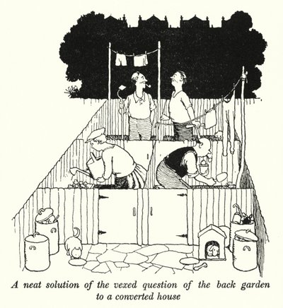 Úhledné řešení nepříjemné otázky zadní zahrady k přestavěnému domu (litho) od William Heath Robinson