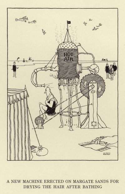 Nový stroj na sušení vlasů po koupání postavený na Margate Sands od William Heath Robinson