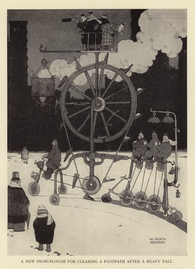 Nový sněhový pluh pro čištění pěšiny po těžkém pádu od William Heath Robinson