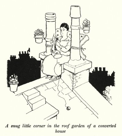 Útulný malý koutek ve střešní zahradě přestavěného domu (litho) od William Heath Robinson