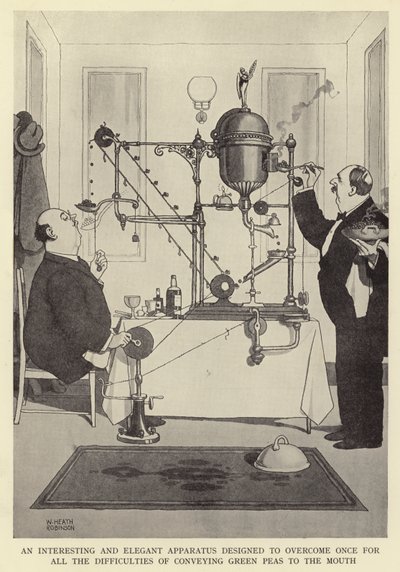Zajímavý a elegantní přístroj navržený tak, aby jednou provždy překonal obtíže spojené s podáváním zeleného hrášku do úst od William Heath Robinson