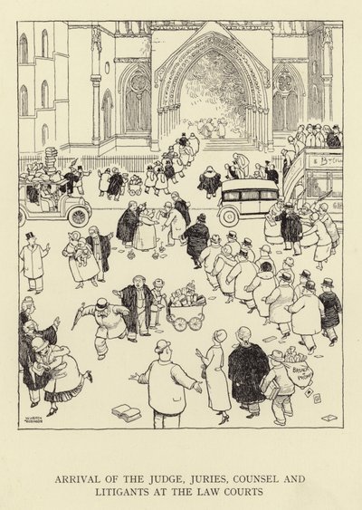 Příjezd soudce, porot, právního zástupce a sporných stran k soudním soudům od William Heath Robinson