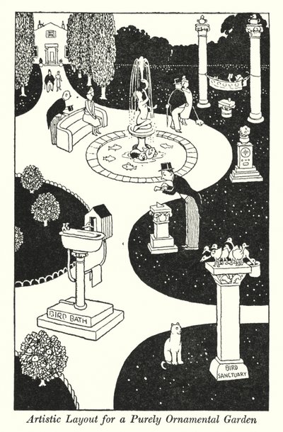 Umělecké rozvržení pro čistě okrasnou zahradu (litho) od William Heath Robinson